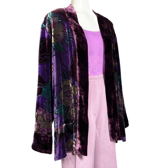 Vintage Chico's Design Silk Velvet Purple Floral W - Picture 2 of 9